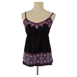 Women’s bohemian cami peasant tank tops smoked waist , ethnic embroidery size XS